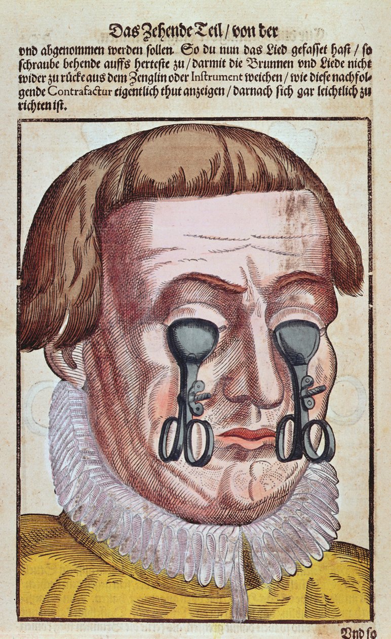 治疗眼部疾病，来自Georg Bartisch的Ophthalmodouleia（1535-1636）于1583年在德累斯顿出版（彩色木版画） 作者 德国学校