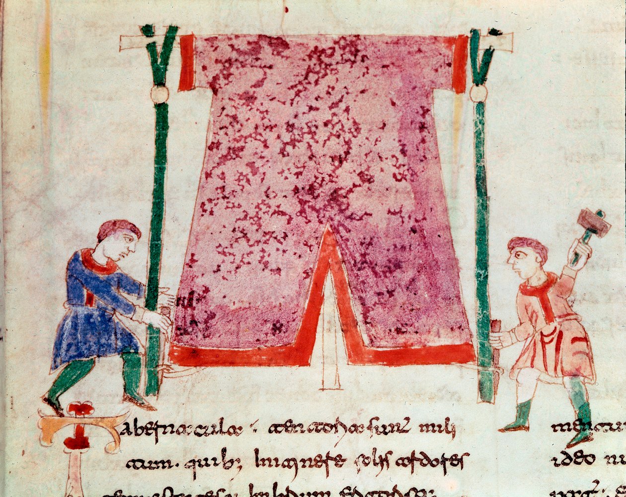 Two men standing a tent. Miniature taken from the manuscript “” De Universo” or “” De rerum naturis”” (From the Nature of Things) by Rabanus Maurus Magnentius (or Raban Maur or Rabano Mauro, ca. 780-856). 9th century. Archive of Monte Cassino Abbey (Mount  作者 德国学校