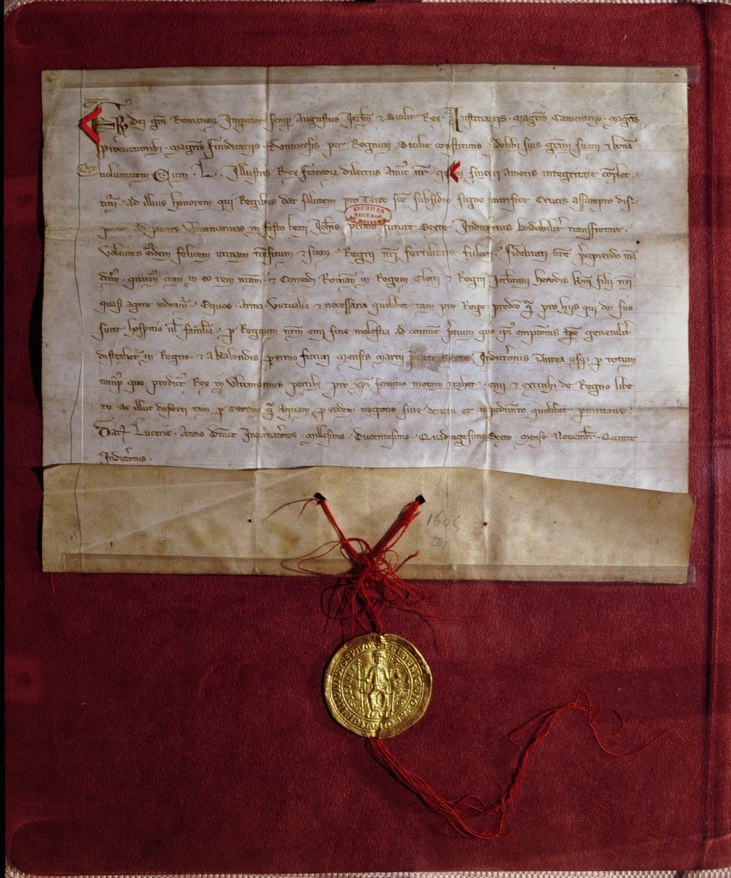 由弗雷德里克二世（1194-1250）承担为国王路易九世（1214-70）提供马匹，武器和第七次十字军东征的规定，1246 作者 德国学校