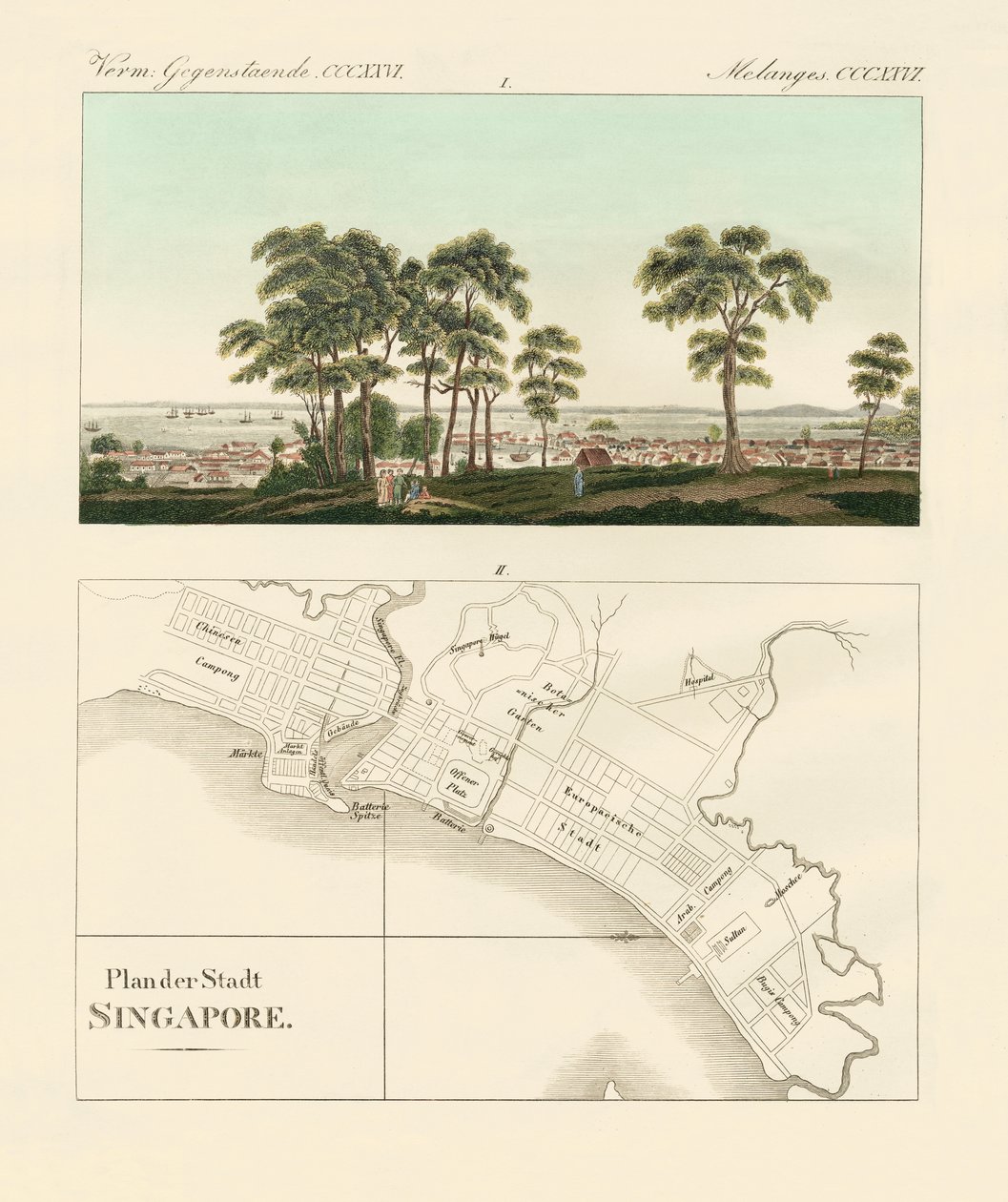 View and map of the East Indian establishment Singapore (coloured engraving) 作者 德国学校