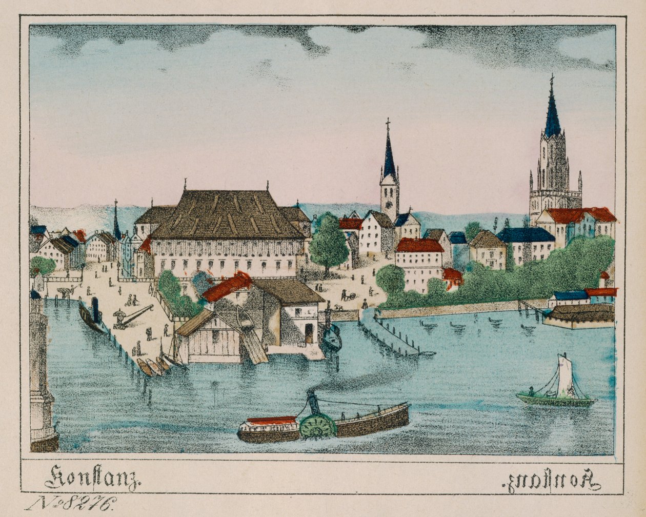 显示港口，Konzil和大教堂的Constance看法，从Neuruppiner Bilderbogen，1830 作者 德国学校