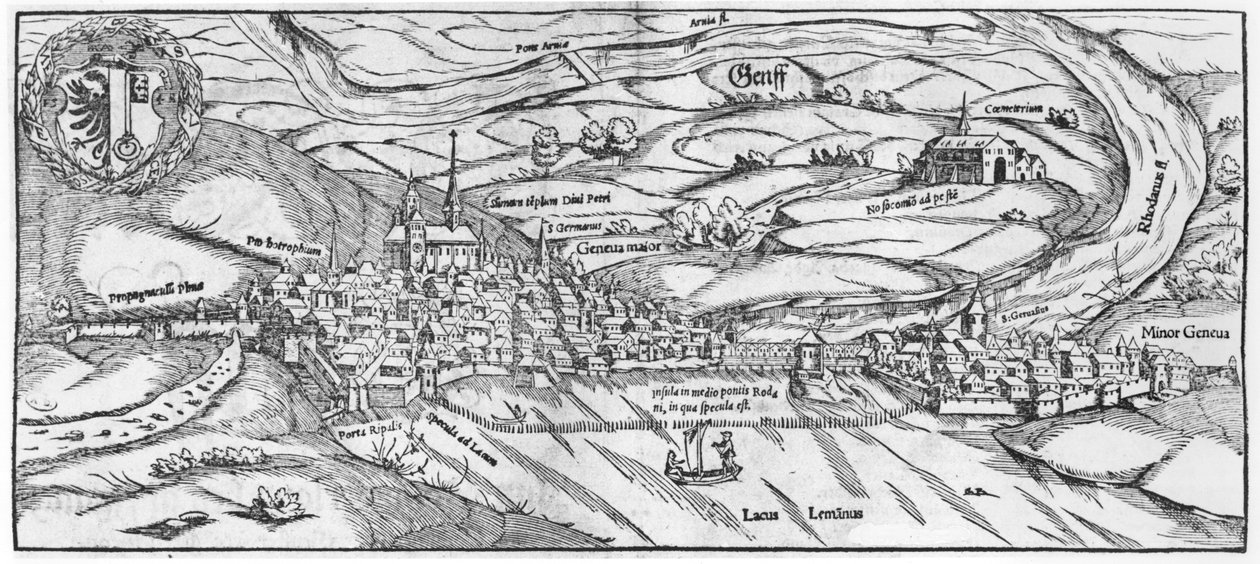 日内瓦的视图，来自Cosmographie Universelle的Sebastien Munster（1488-1552）巴塞尔，1559年出版 作者 德国学校