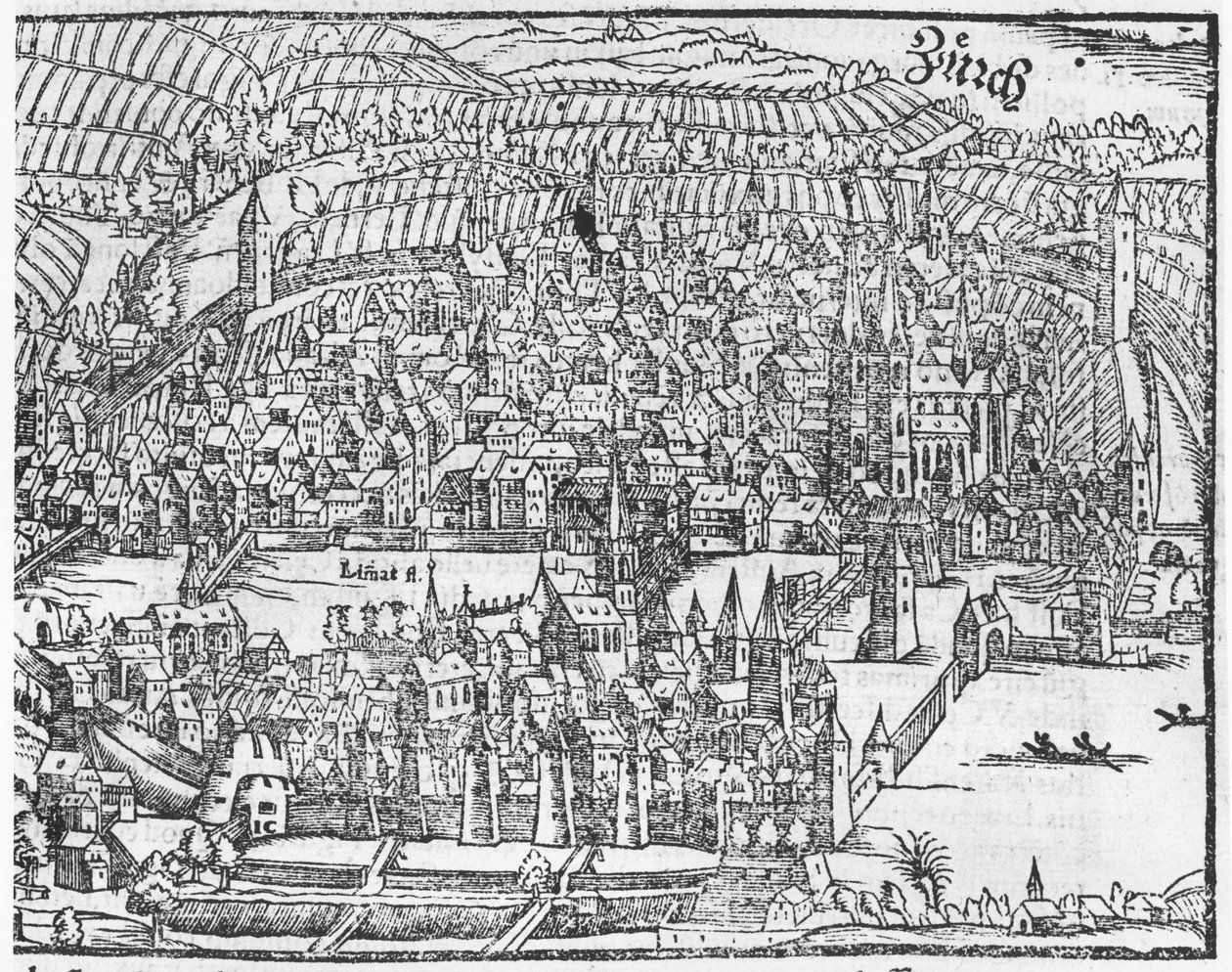 苏黎世的视图，来自Cosmographie Universelle by Sebastien Munster（1488-1552）巴塞尔，1559年出版 作者 德国学校