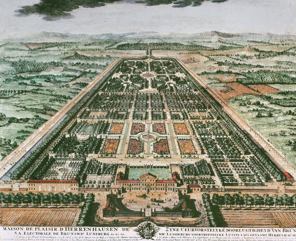 赫伦豪森城堡的花园景观，约1708年，彩色印刷品，德国 作者 德国学校