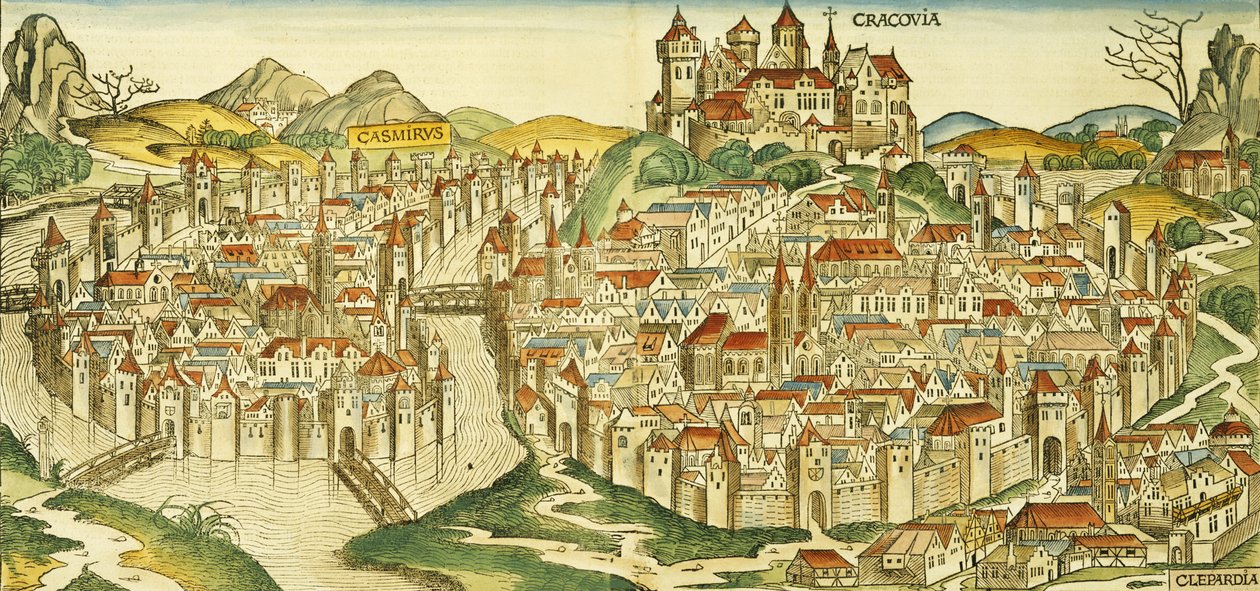 克拉科夫（克拉科夫）市的视图，来自纽伦堡纪事报（Hartmann Schedel）（1440-1514）1493 作者 德国学校