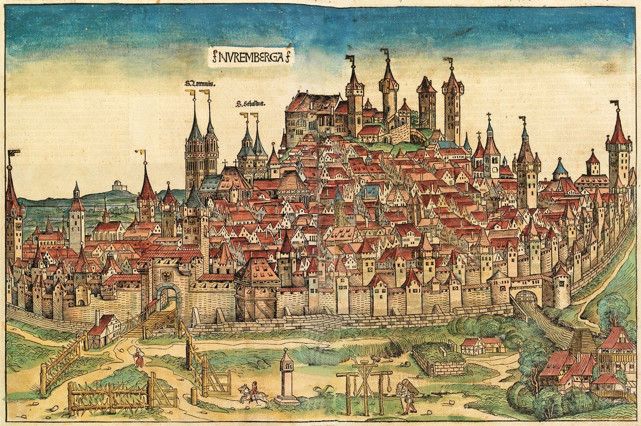 纽伦堡市的视图，发表在纽伦堡纪事报，1493年 作者 德国学校