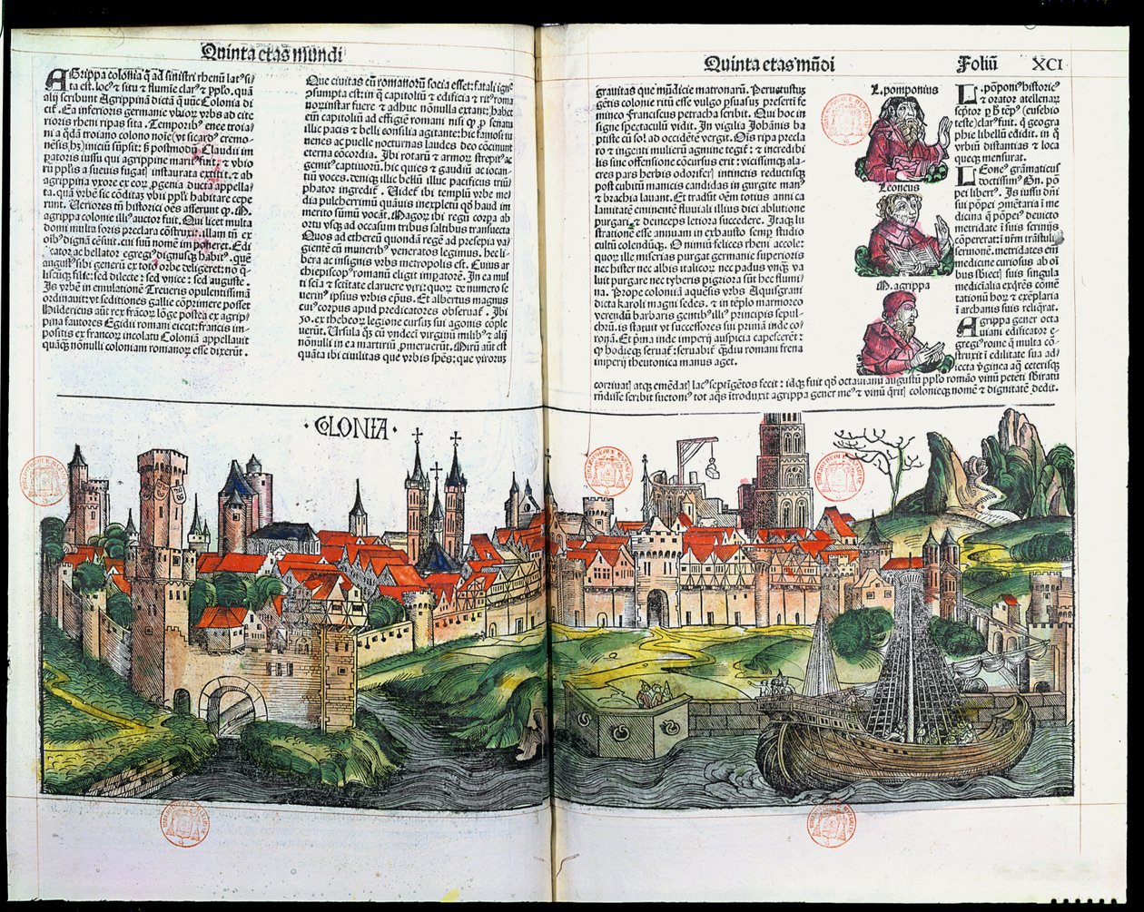 科隆镇的景色，纽伦堡纪事馆，Hartmann Schedel，1493年（彩色木版画） 作者 德国学校
