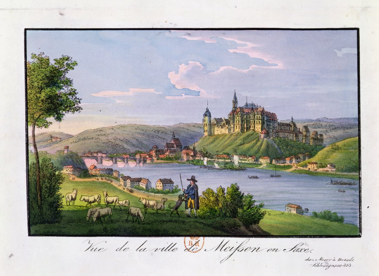 Meissen镇的视图，Christian Samuel Hannemann（1755-1843）的诞生地，（彩色雕刻） 作者 德国学校