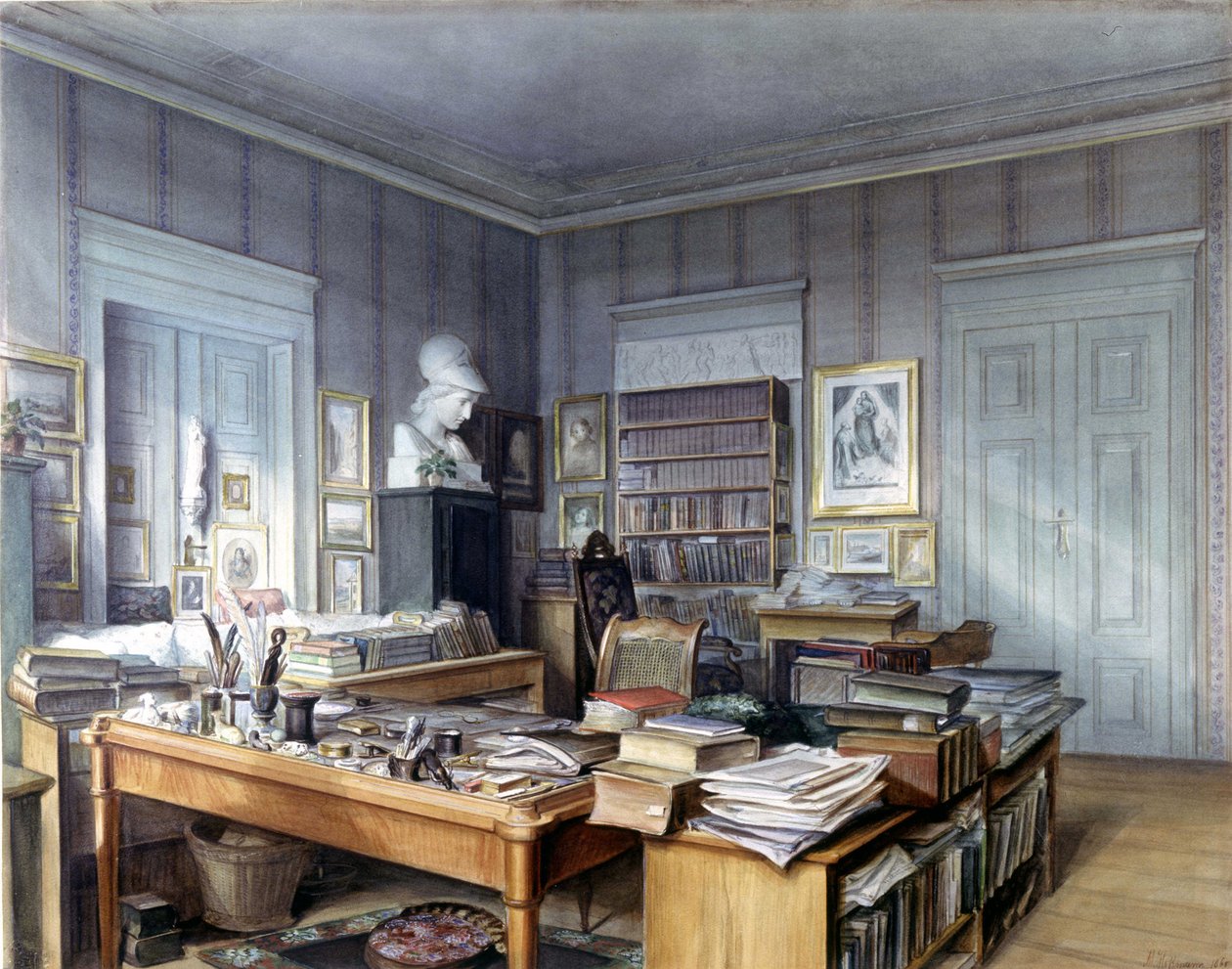 威廉-格林（Wilhelm Grimm）（1786 -1859）在柏林林克大街7号的工作间。霍夫曼先生的雕刻作品。国家博物馆，纽伦堡。1860. 作者 德国学校