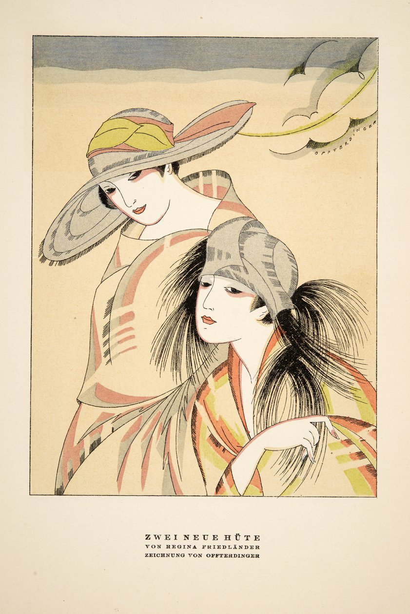 雷吉娜-弗里德兰德的《Zwei Neue Hute》，选自《Styl》，1922 年出版（pochoir 印刷品） 作者 德国学校