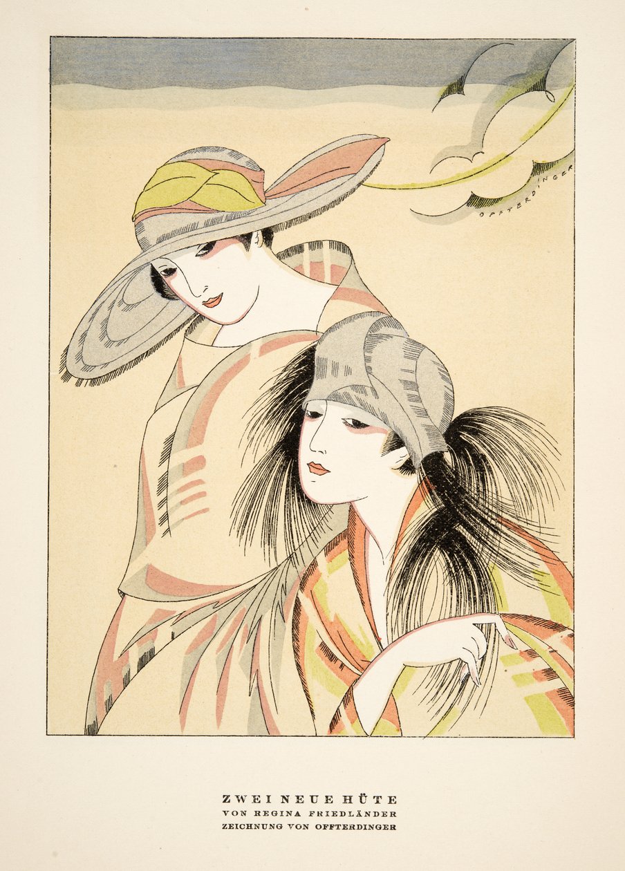 雷吉娜-弗里德兰德的《Zwei Neue Hute》，选自《Styl》，1922 年出版（pochoir 印刷品） 作者 德国学校