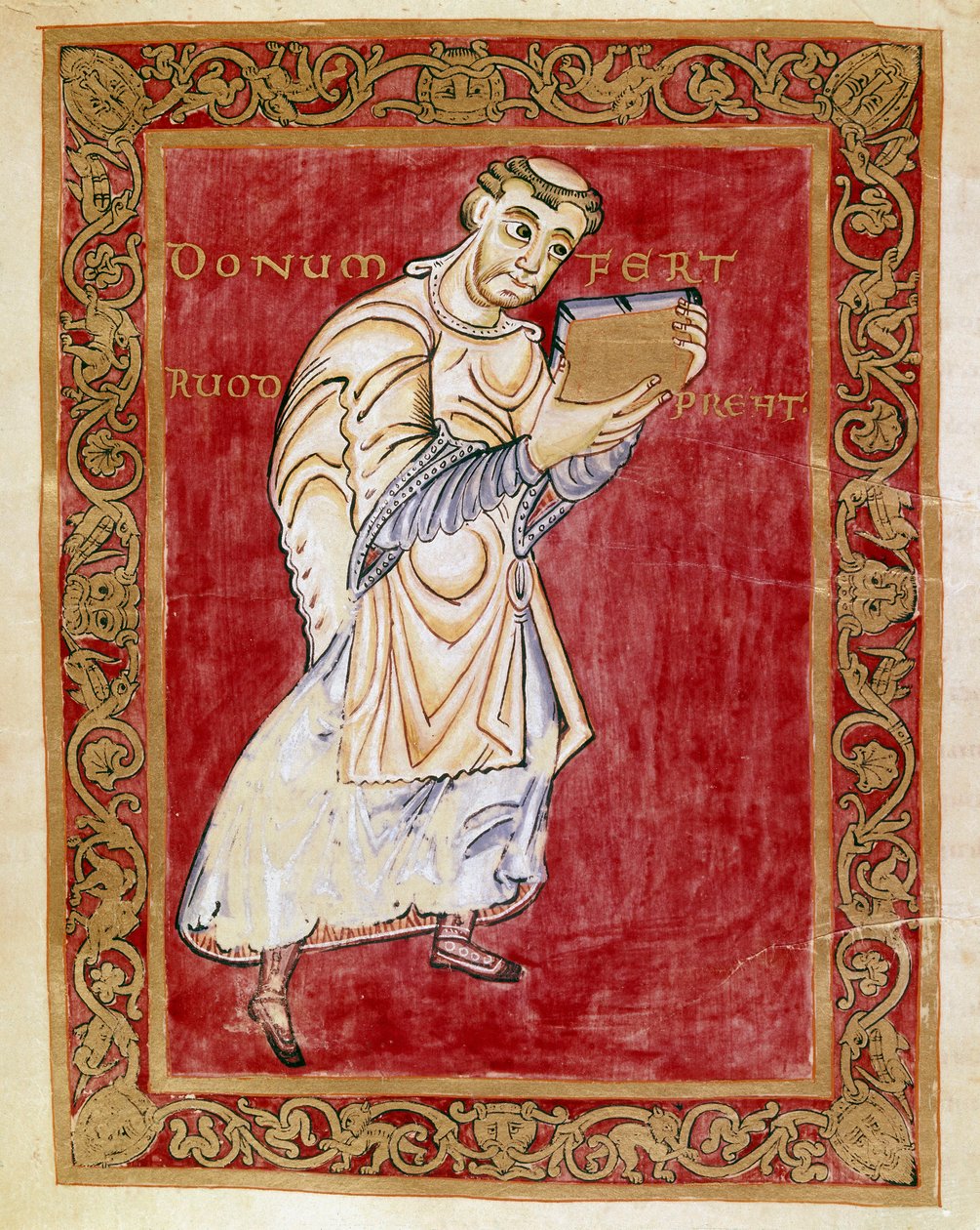 修道士 Ruodprecht 将手稿带到 Reichenau 学校的 Egbert de Treves（977-993）拱门手稿（Codex Egberti）缩影。 Cividale del Friuli、Museo Archeologico 或 Cathedrale de Cividale 作者 德国学校