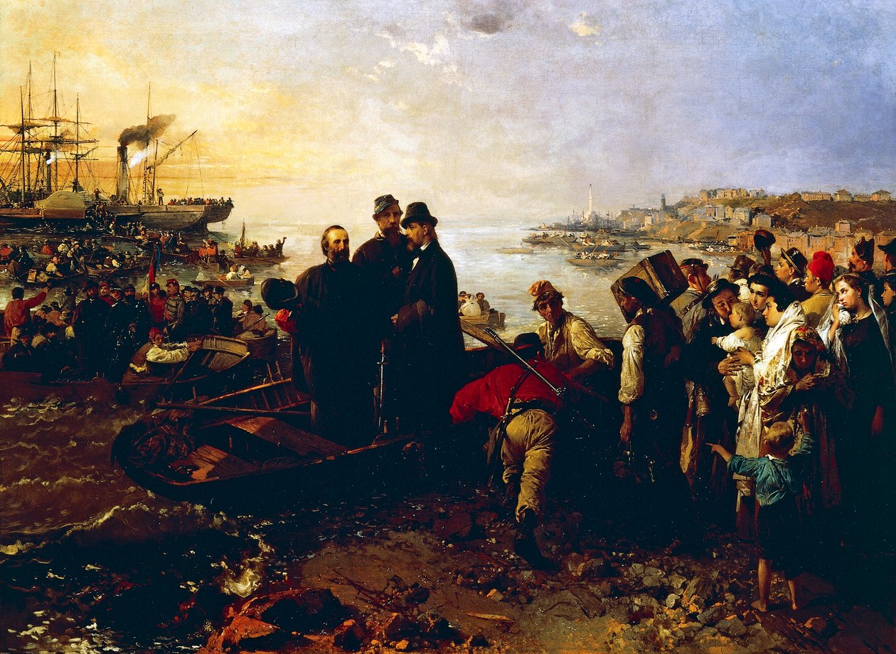 《千人在四开本上登机》，约 1860 年，杰罗拉莫·因杜诺 (Gerolamo Induno，1825-1890) 作，布面油画 作者 Gerolamo Induno