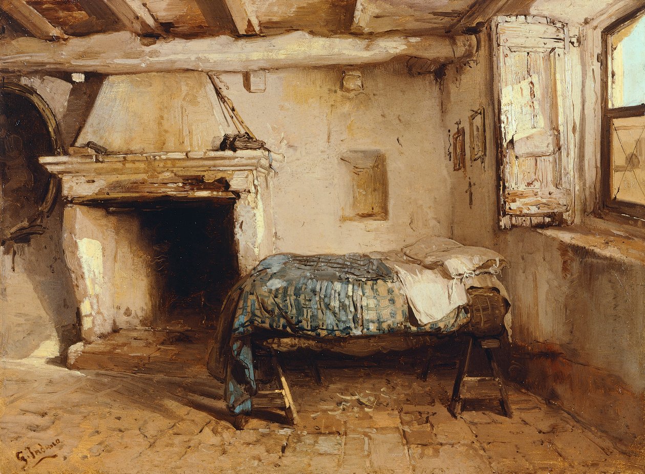 质朴的内饰，Gerolamo Induno（1825-1890）创作，木板油画，27.5 x 37.7 厘米。 作者 Gerolamo Induno