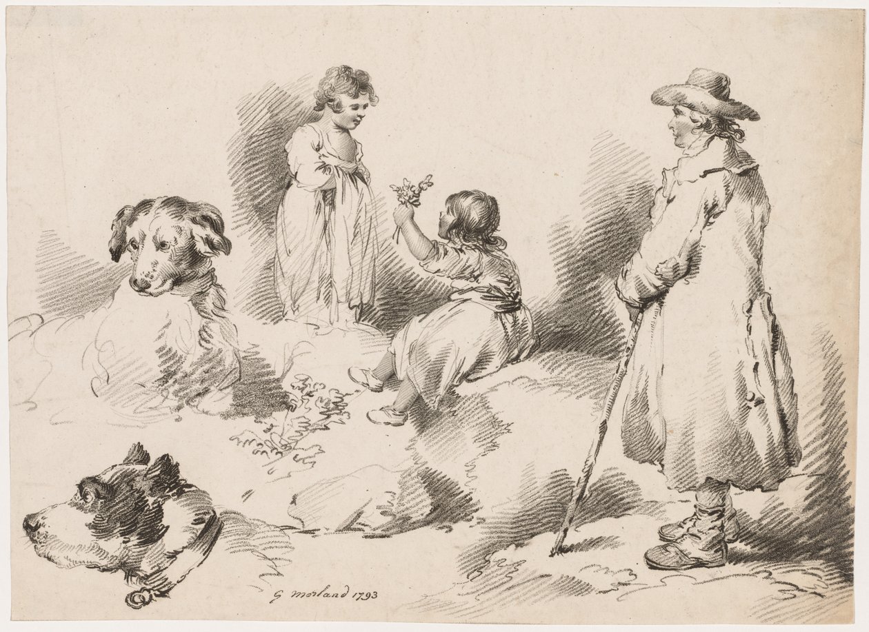 儿童研究 两个小女孩，两条狗，一个人，1793年。 作者 杰拉德街 J. Harris Soho