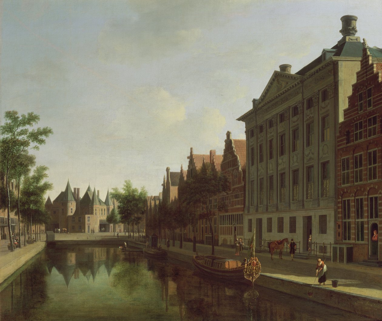 俯瞰阿姆斯特丹的Kloveniersburgwal与Waag，驳船停泊在Trippenhuis的右前方，1685年 作者 格里特·阿德里亚恩斯·贝克海德