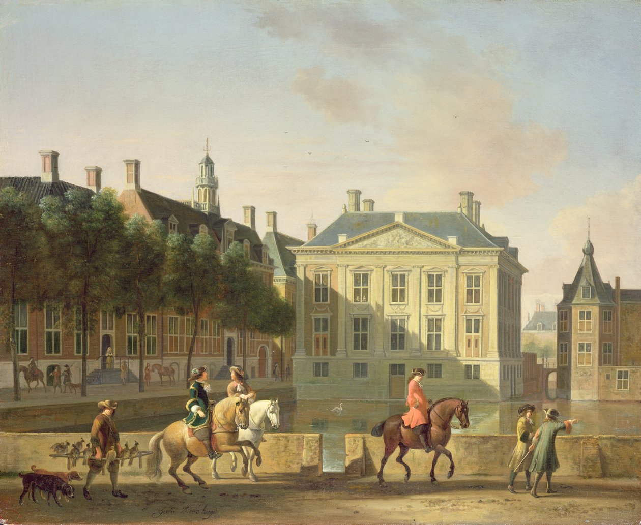 来自海牙Langevijverburg的Mauritshuis，前景中有一个叫卖派对 作者 格里特·阿德里亚恩斯·贝克海德