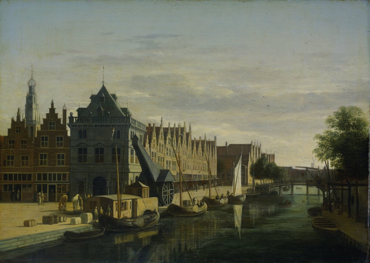 哈勒姆 Spaarne 上的 De Waag（称重室）和 Crane 作者 格里特·伯克海德