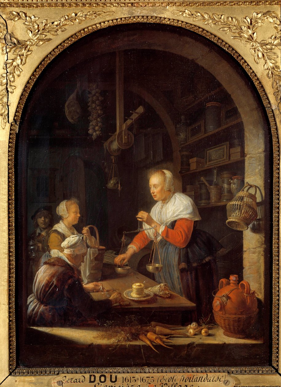 村里的杂货店（背景是画家的肖像） Gerard Dou (1613-1675) 1647 Sun. 作画。 0,38x0,29 m 作者 葛瑞特窦