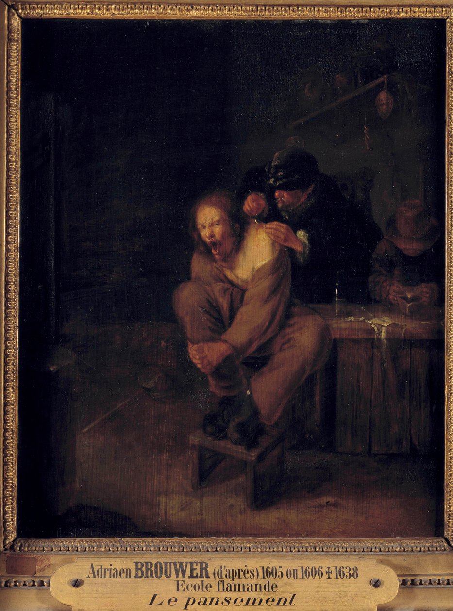手术（或敷料） 照顾病人的外科医生。 Gerrit Lundens (1622-1683) 在 Adriaen Brouwer (1605/1606-1638) 之后的绘画。 17世纪。 暗淡。 0,32x0,28 m。 作者 格里特·伦登斯