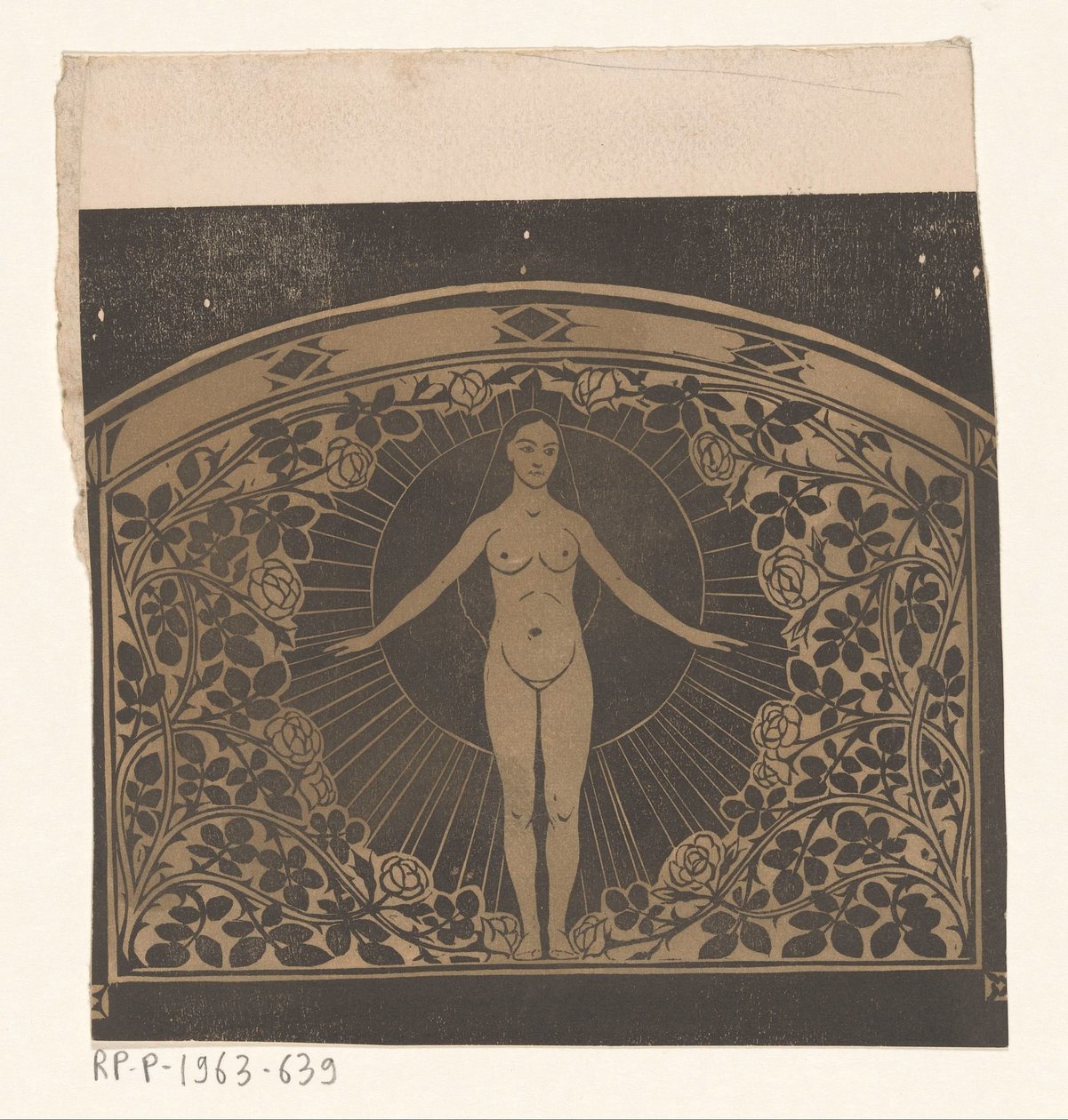 1901 年日历的框架设计，显示一位妇女和一朵花 作者 格里特·威廉·戴塞尔霍夫