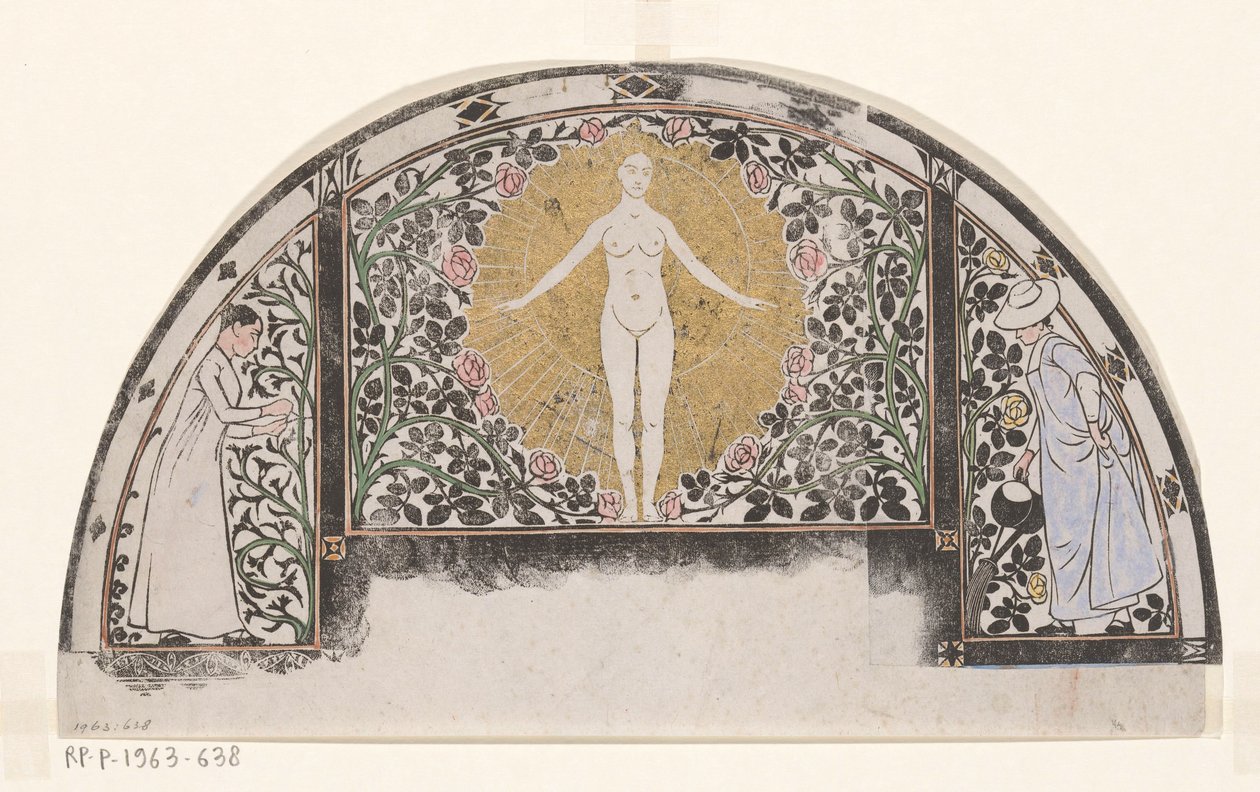 1901 年日历框架设计，其中有妇女和鲜花 作者 格里特·威廉·戴塞尔霍夫