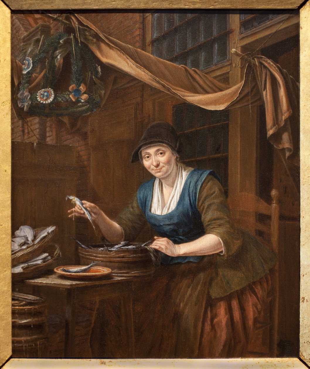 鱼贩。 Gerrit Zegelaar（1719-1794 年）的绘画，木板油画，18 世纪中叶。 昂热美术博物馆。 作者 格里特·泽格拉尔