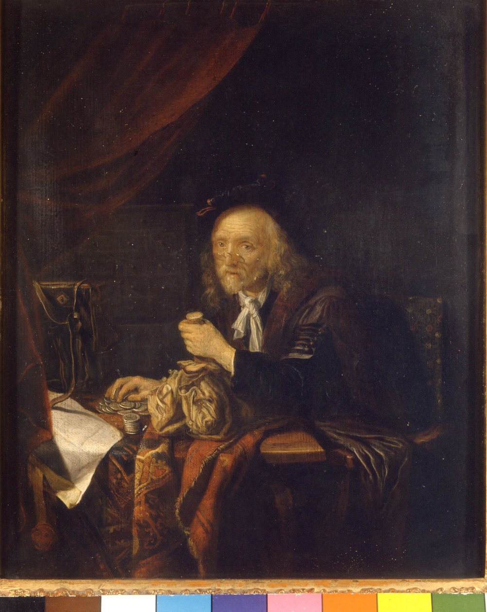一个不信任的人手里拿着一个钱包来数钱。 Gerard Dou（或 Gerrit Dow）（1613-1675）的绘画，17 世纪米兰 Museo del castello 作者 葛瑞特窦
