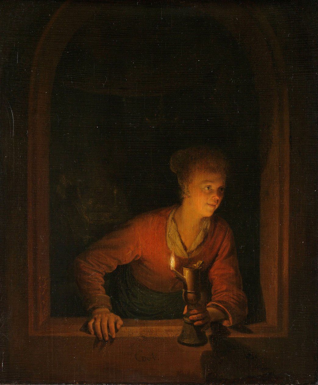 有一盏油灯的女孩在窗口，1645-75 作者 葛瑞特窦