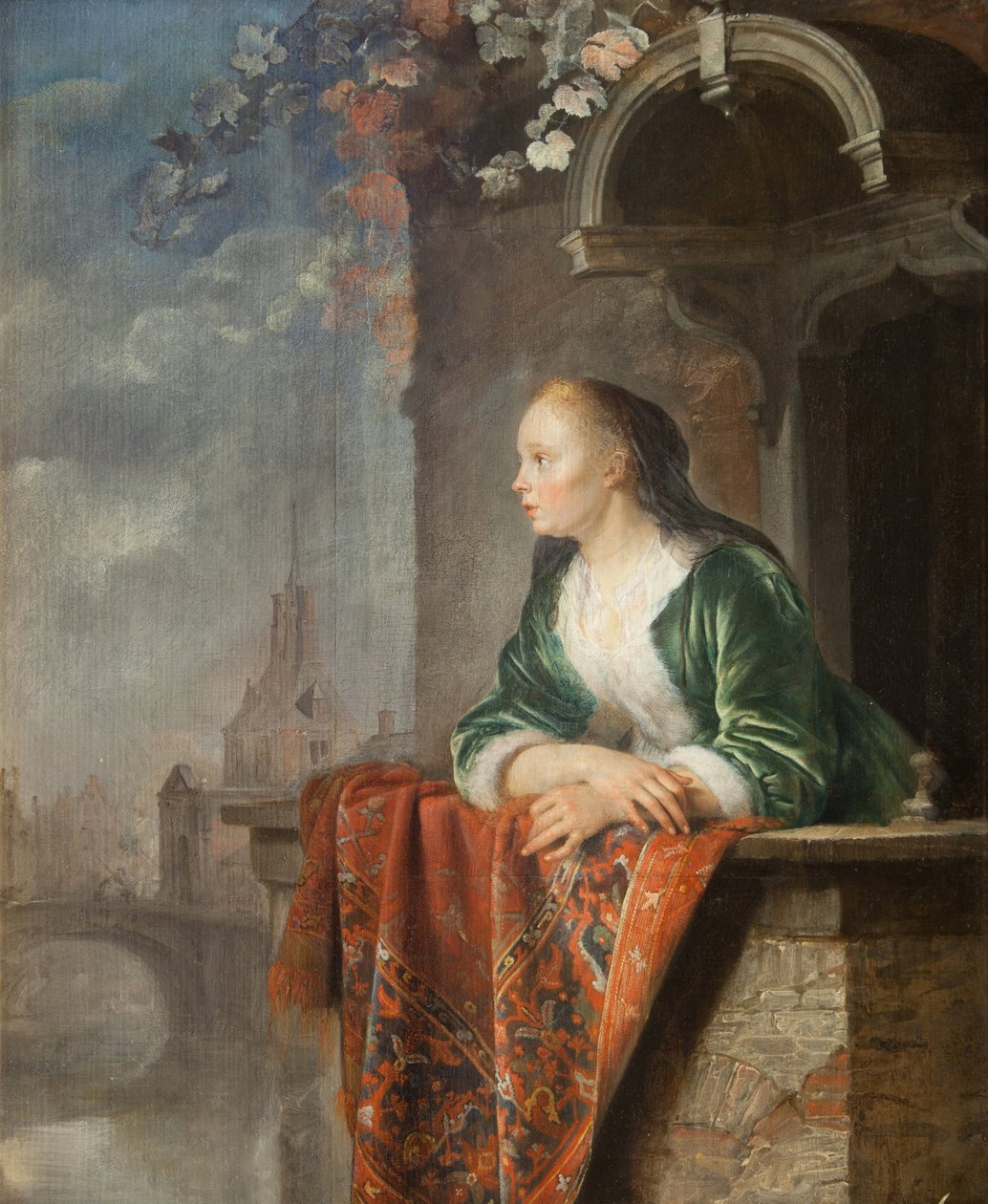 Jeune femme sur un balcon - Young woman on a balcony - Gerard (Gerrit) Dou (1613-1675). Oil on canvas, ca 1665. National Gallery, Prague 作者 葛瑞特窦