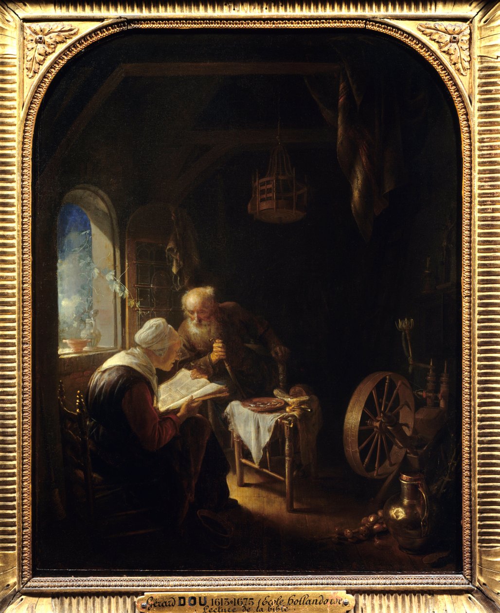 阅读圣经或安妮和托比 - Gerard Dou (1613-1675) Ec Hol 的绘画 作者 葛瑞特窦