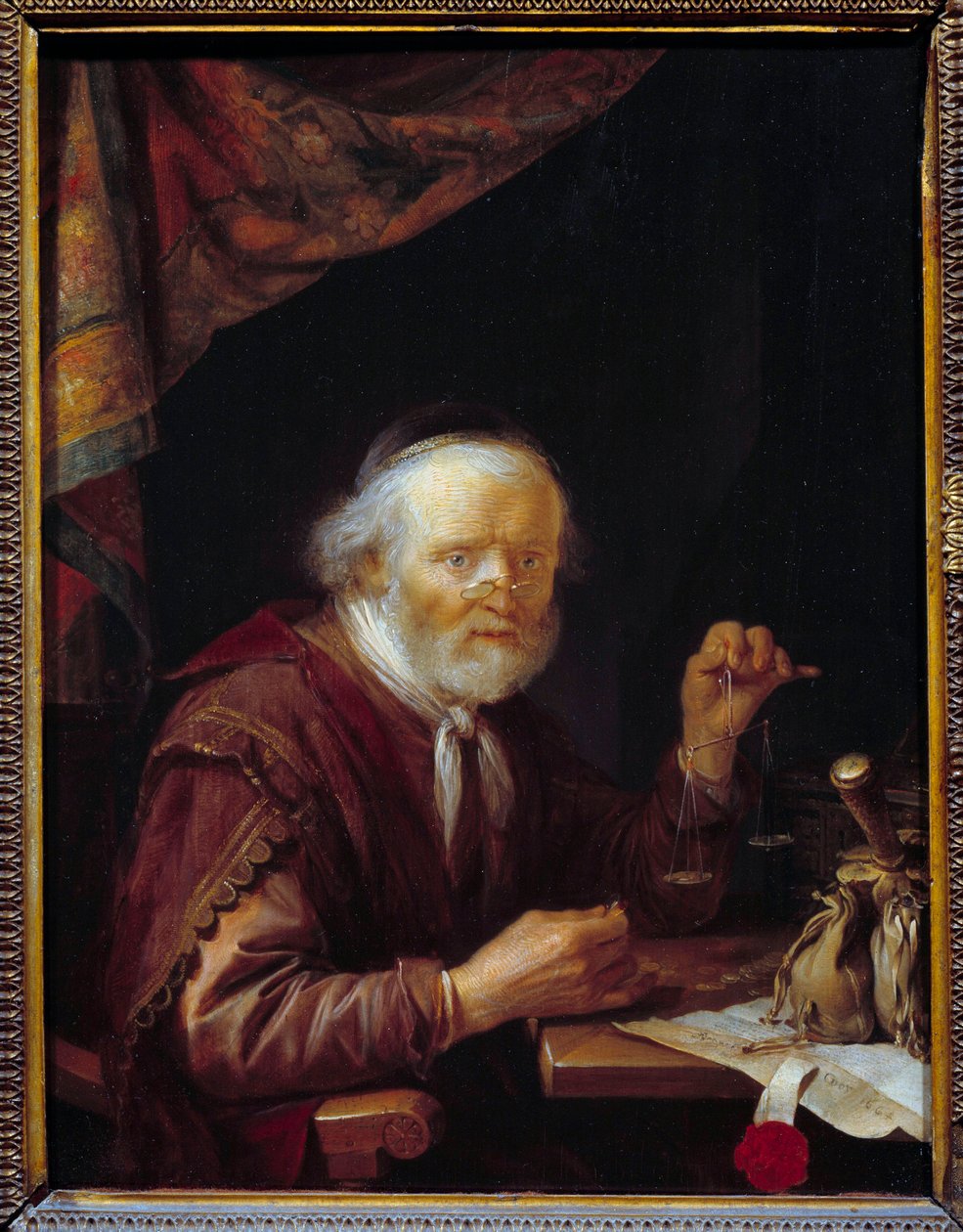 黄金秤。 Gerard Dou (1613-1675) Ec. 的绘画 霍尔。 作者 葛瑞特窦