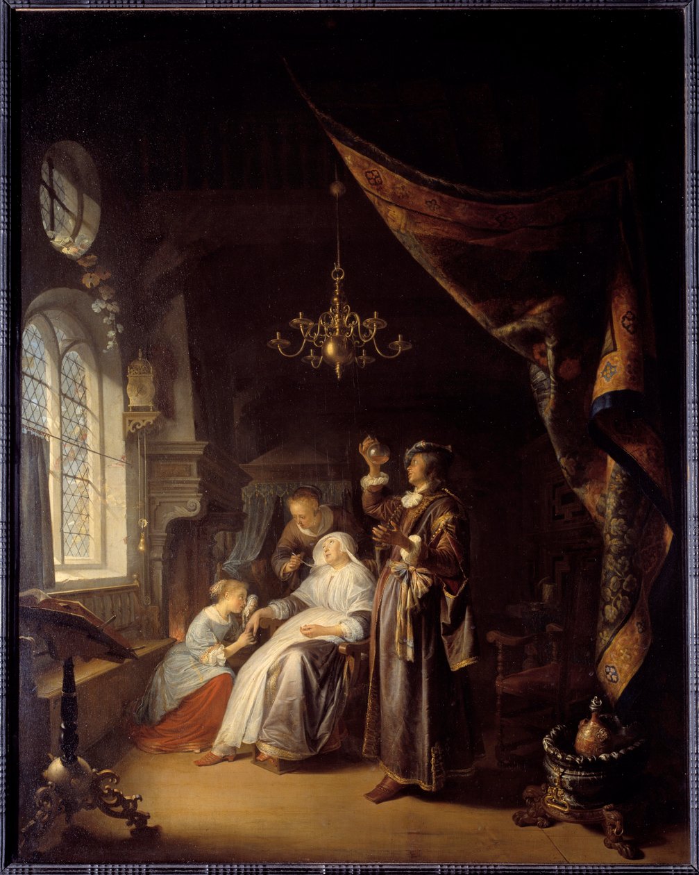 水汪汪的女人。 一名医生检查一名患有水肿的妇女的尿液。 Gerard Dou 的画作 (1613-1675) Ec。 霍尔 作者 葛瑞特窦