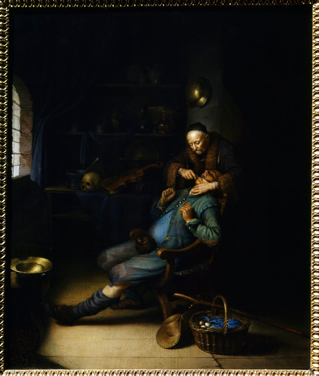 拔牙器。 Gerard Dou（或 Gerrit Dow）的绘画（1613-1675） 作者 葛瑞特窦