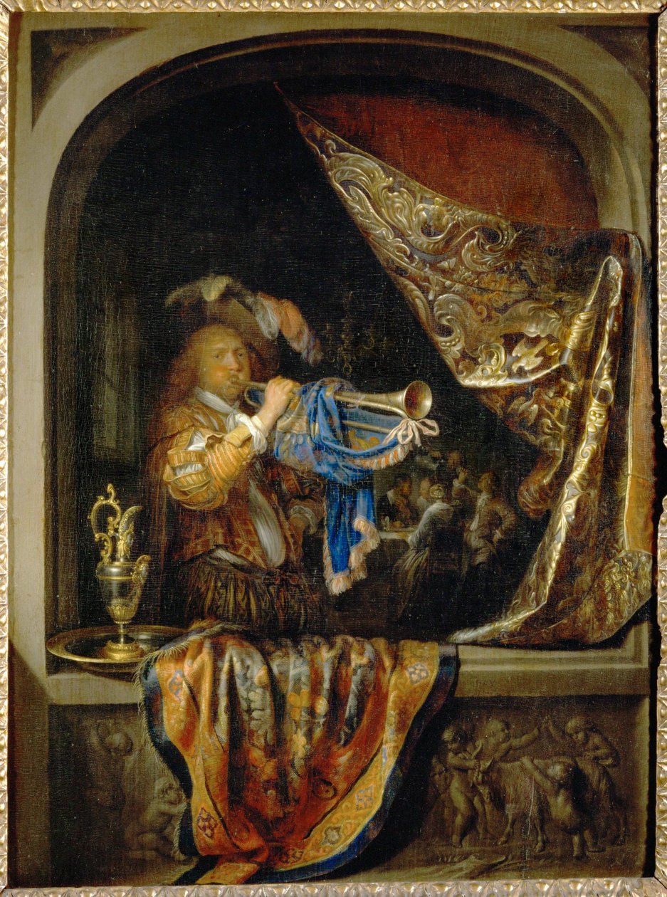 小号手，背景是一场盛宴... 作者 Gerrit 或 Gerard Dou