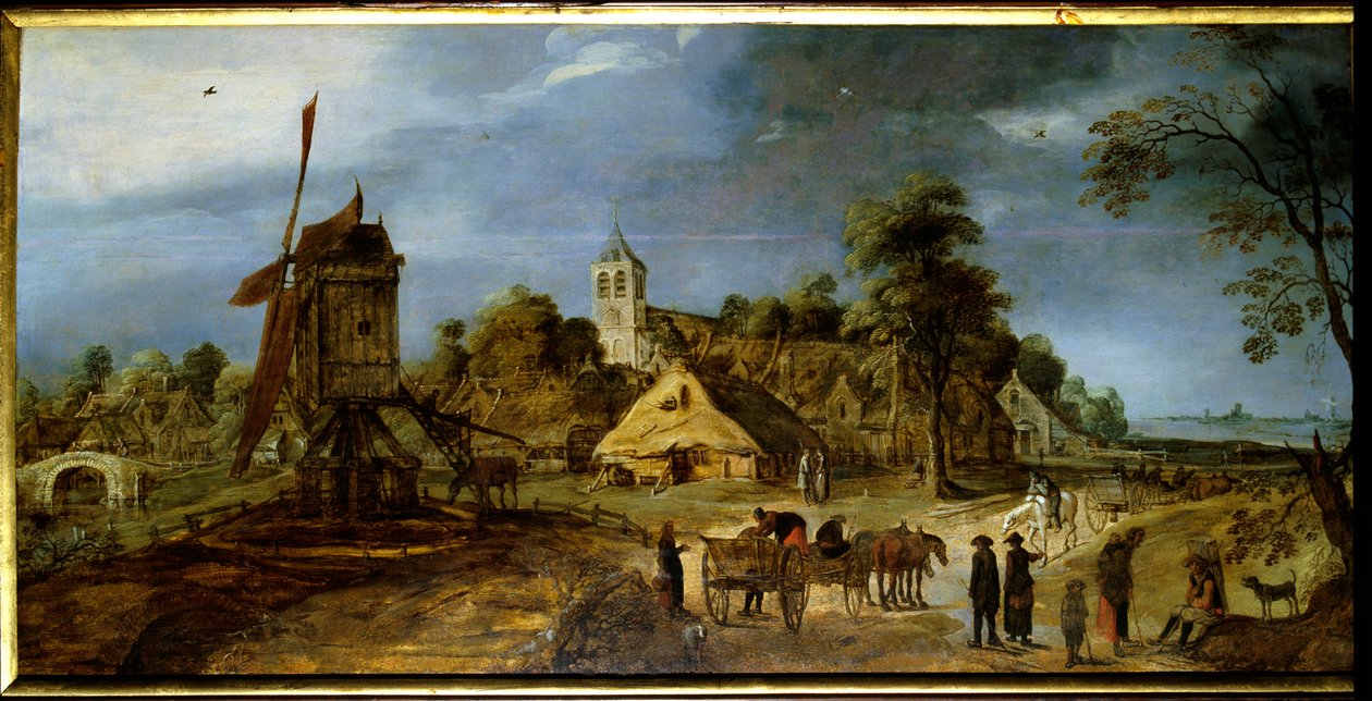 与磨房的村庄街道荷兰乡下风景。 Gerrit Van Honthorst (1590-1656) 17 世纪的绘画。 里昂，弗朗西斯科·曼德博物馆 作者 格里特·范·洪特霍斯特