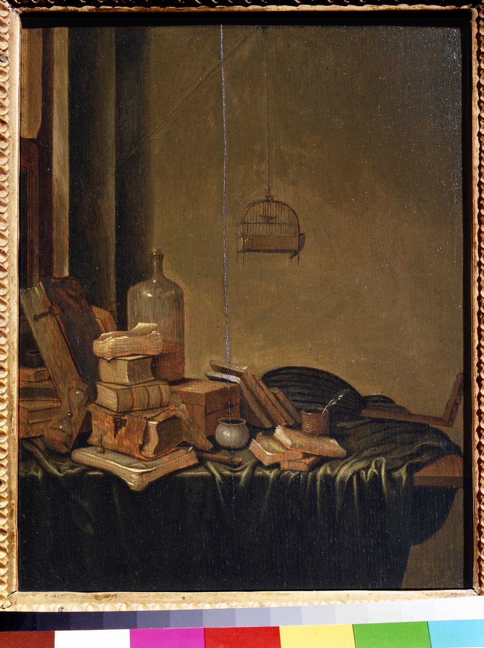 有书的静物。 Gerrit van Vucht（1600 年或 1620 年 - 1697 年左右）的绘画。 木板油画，34 x 28 厘米。 17世纪的荷兰学派。 莫斯科普希金美术博物馆。 作者 格里特·范·弗赫特