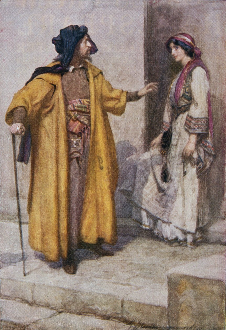 夏洛克把钥匙给了她，并让她看守房子，插图选自《威尼斯商人》，载于《莎士比亚的故事》：托马斯-卡特重述 "中的 "威尼斯商人 "插图，约 1910 年出版（彩色石版画） 作者 格特鲁德·E·德曼·哈蒙德