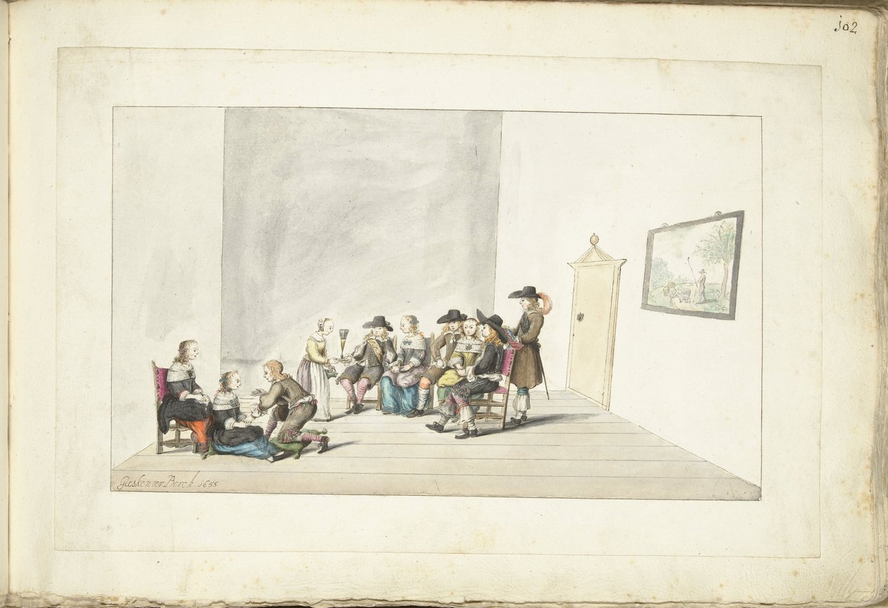 室内的十个年轻人 作者 Gesina ter Borch（艺术家签名）