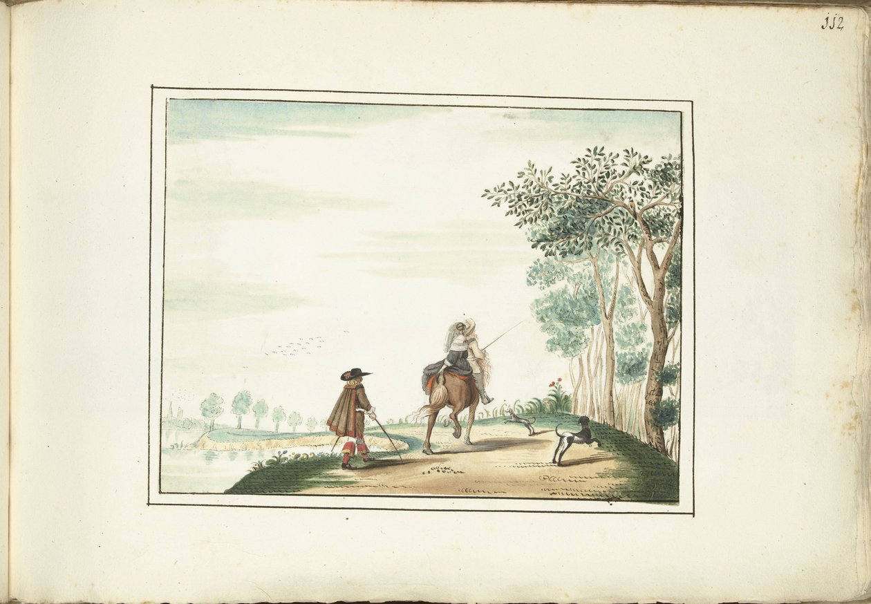 马背上的绅士和女士以及风景中的行人 作者 Gesina ter Borch（艺术家签名）