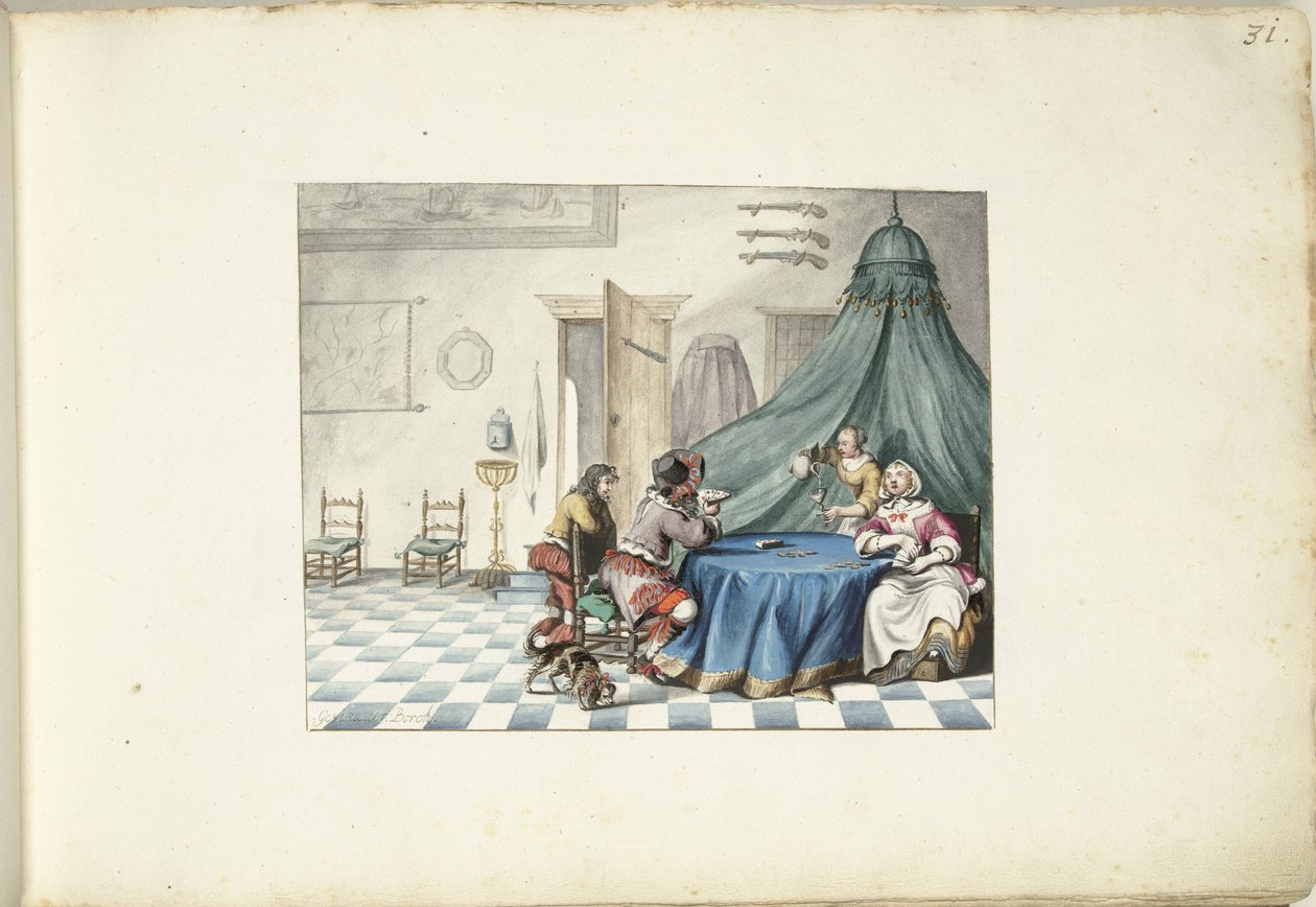 室内的玩牌者 作者 Gesina ter Borch（艺术家签名）