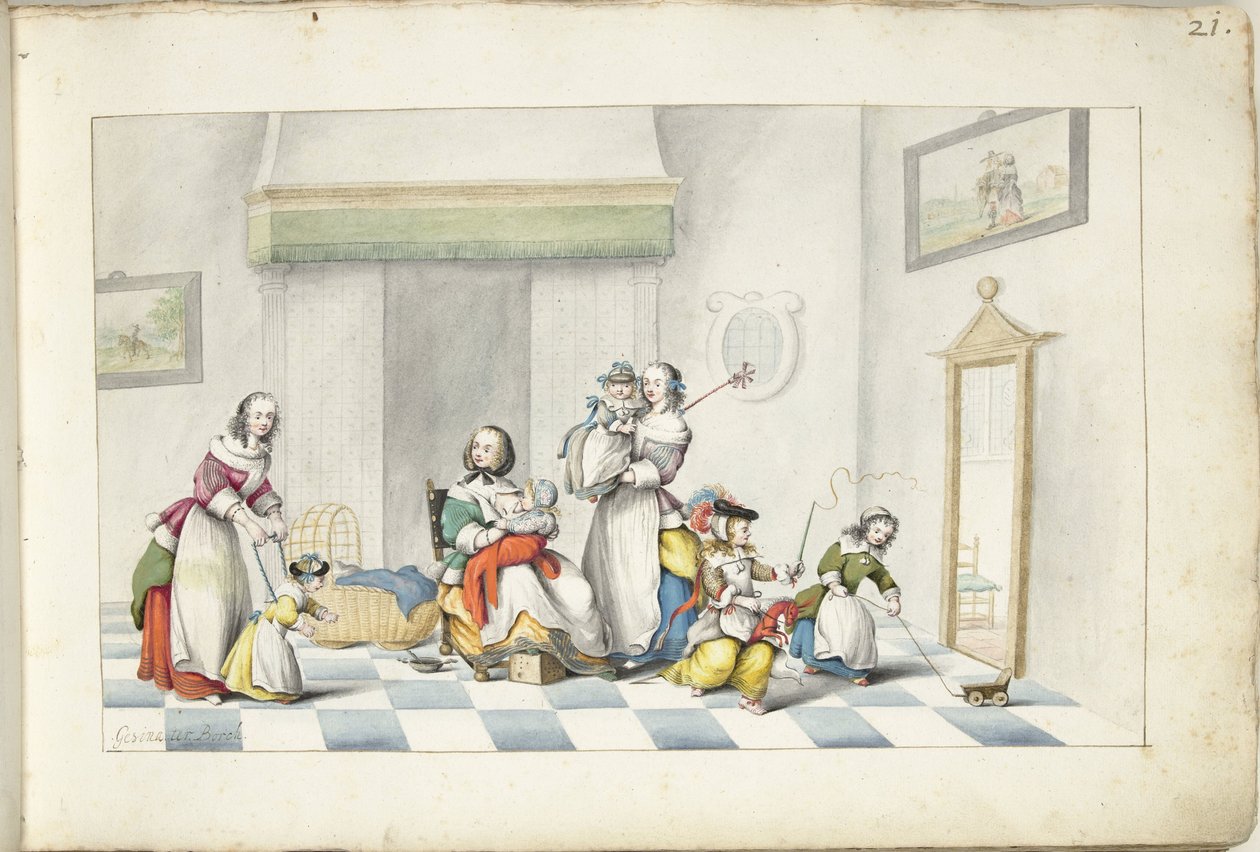 有三名妇女和儿童的儿童房 作者 Gesina ter Borch（艺术家签名）