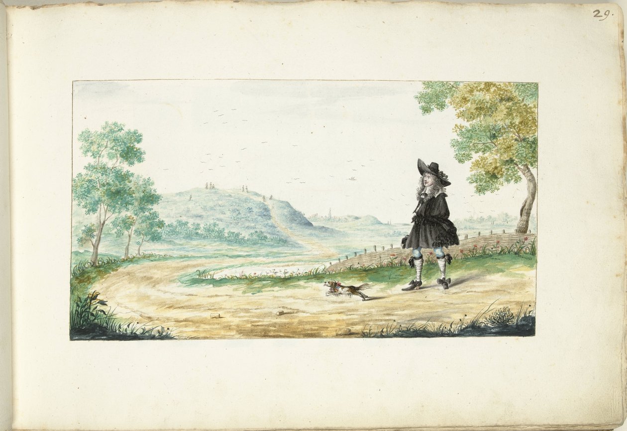 乡间小路上散步的绅士 作者 Gesina ter Borch（艺术家签名）
