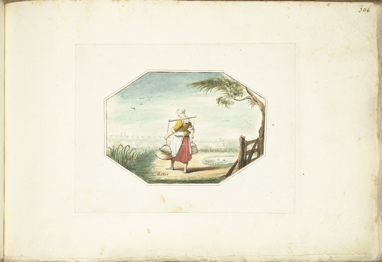风景中提桶的挤奶女工 作者 Gesina ter Borch（艺术家签名）