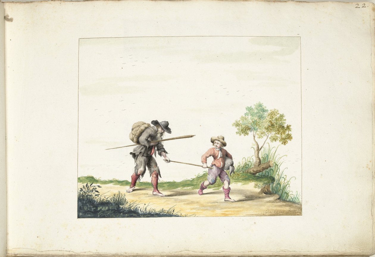 一个男孩领着一个瞎眼的老乞丐 作者 Gesina ter Borch（艺术家签名）