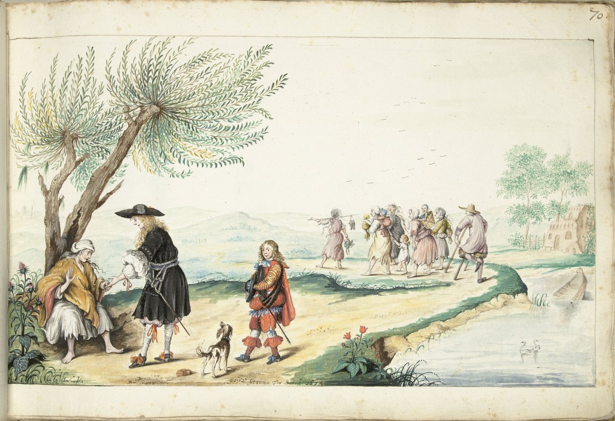 罗姆妇女在阅读一位绅士（摩西？） 作者 Gesina ter Borch（艺术家签名）