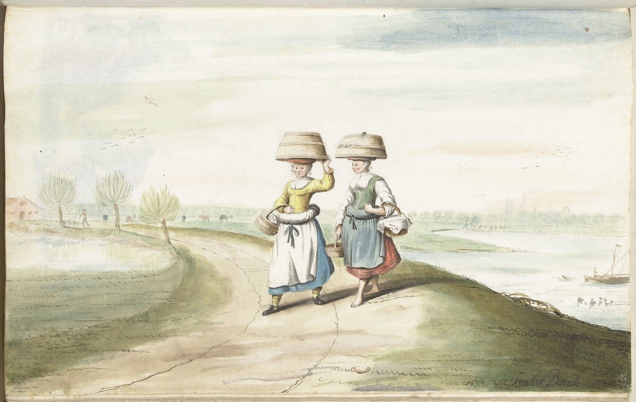 两位农妇在风景中漫步 作者 Gesina ter Borch（艺术家签名）