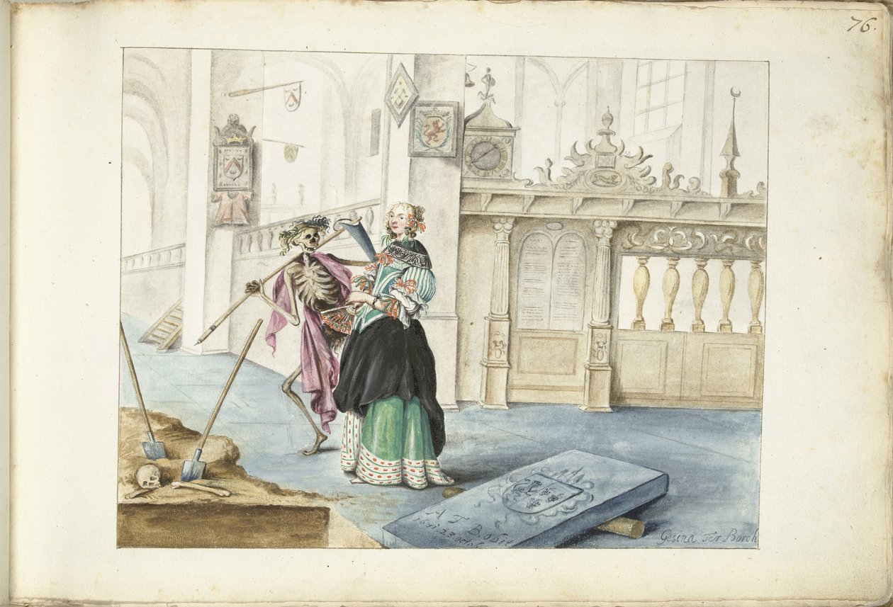 兹沃勒圣迈克尔教堂里站在死亡旁边的女人（Aeltien？） 作者 Gesina ter Borch（艺术家签名）
