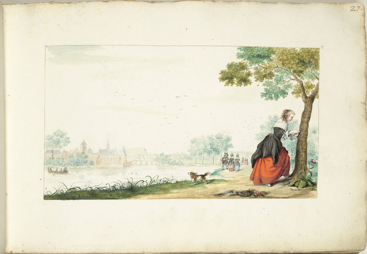 在树上刻名字的女人 作者 Gesina ter Borch（艺术家签名）