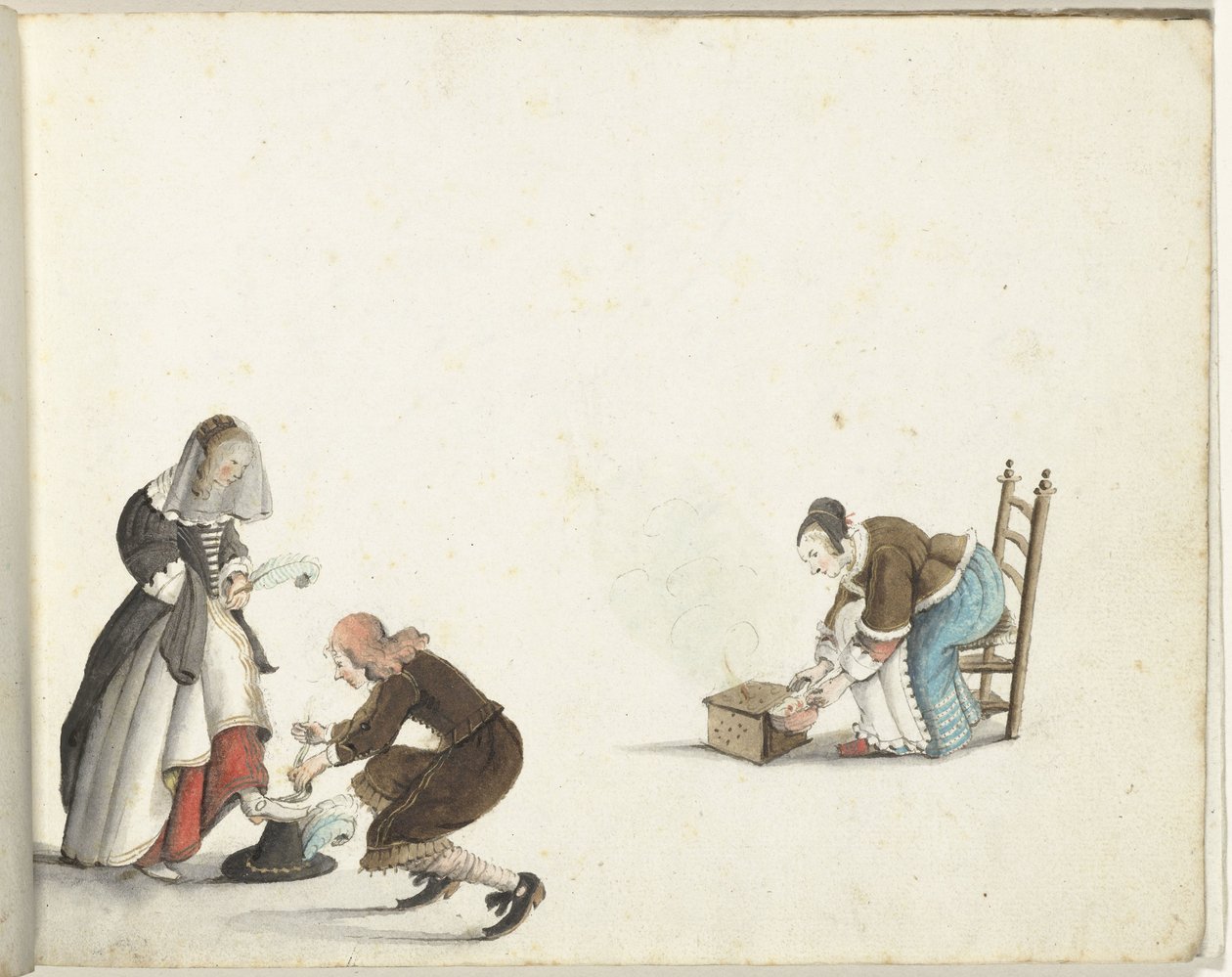 绅士为女士系鞋带，女人在炉子里生火 作者 Gesina ter Borch
